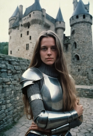 cruzar los brazos, cabello largo, mujer, Foto de película analógica, mirando al espectador, Parte superior del cuerpo, castillo, Caballero