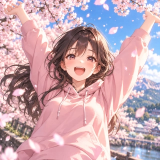 Banzai, gaya anime, wanita, Bunga Sakura, mulut terbuka