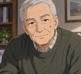short hair, anime style, Looking at Viewer, elderly man, Upper Body, sweater, Mole
