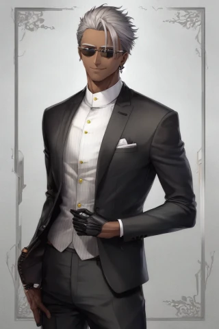 short hair, sunglasses, laugh, tall, Masterpiece, tan skin, man, suit