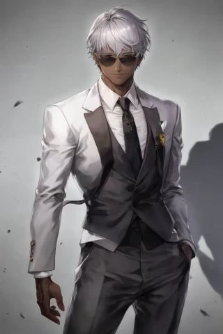 short hair, sunglasses, laugh, tall, Masterpiece, tan skin, man, suit