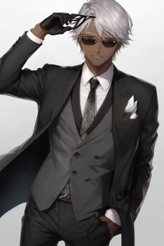 short hair, sunglasses, laugh, tall, Masterpiece, tan skin, man, suit